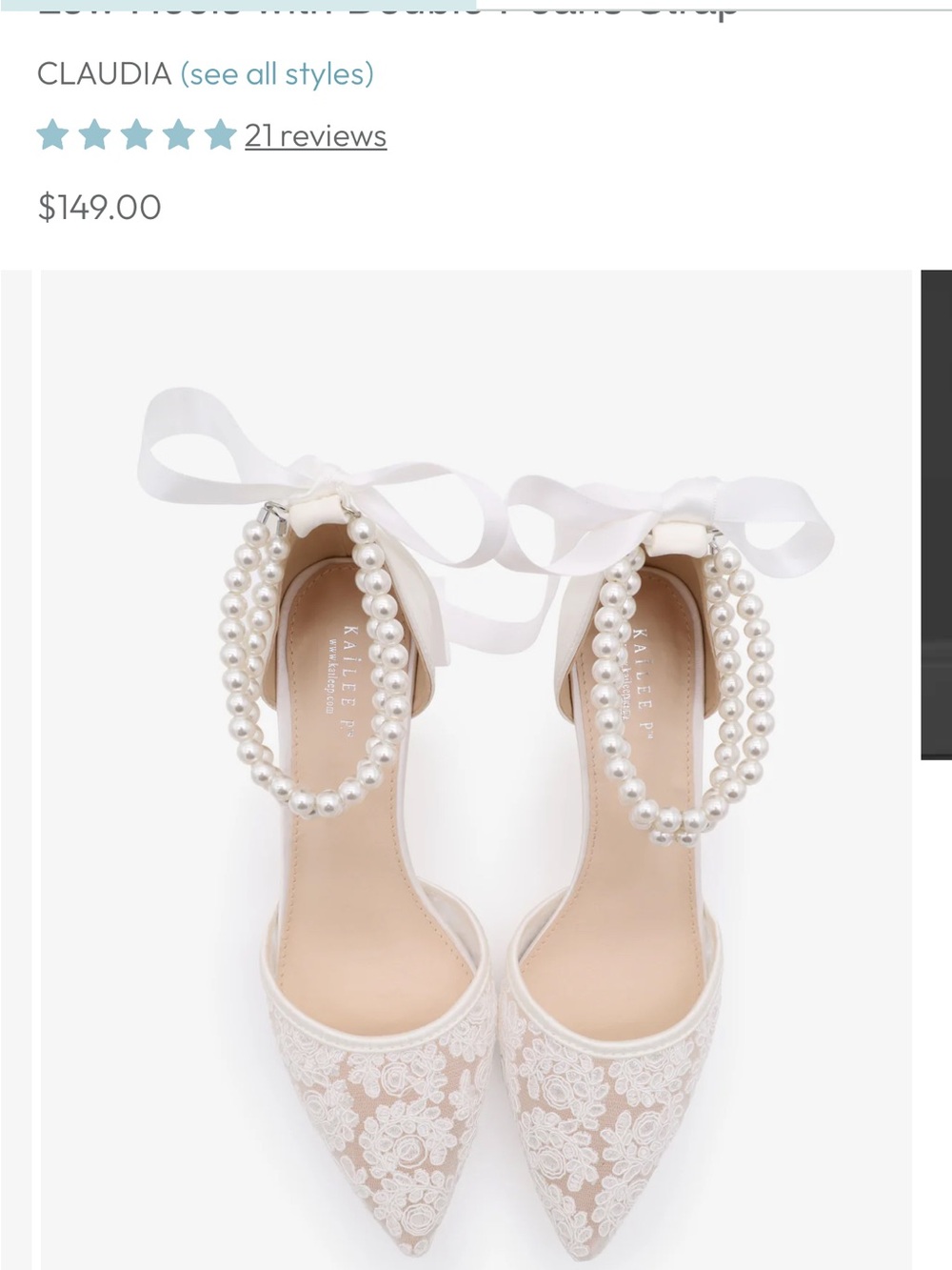 NWOT Crochet Lace Pointy Toe Wedding Kitten Low Heels with Double Pearls Strap - Picture 4 of 6